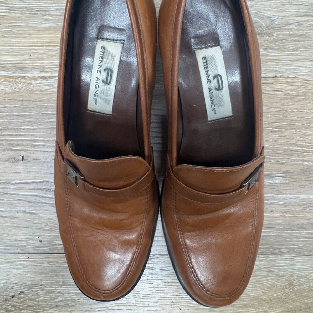 Etienne Aigner Napoleon Brown Leather Slip On Heels Women's Size 7 - Picture 2 of 7
